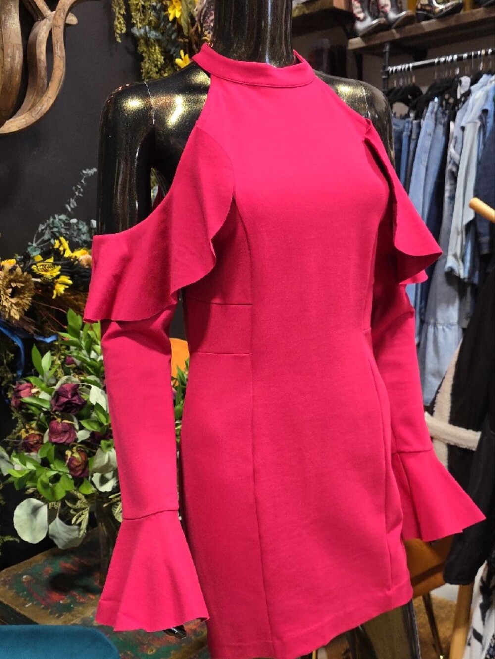 Free People Raspberry Cold-Shoulder Ruffle Mini Dress - Picture 5 of 11